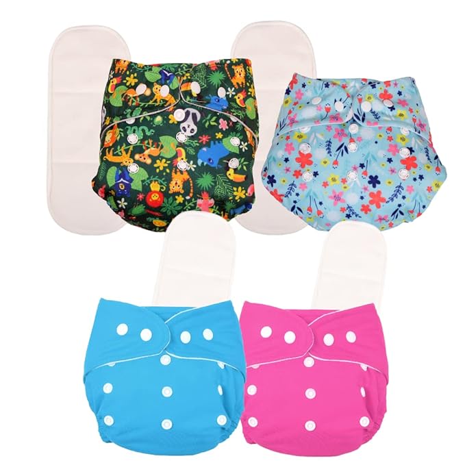 Unisex Oeko-Tex Certified Washable & Reusable Diapers With Adjustable Snap Buttons (One Size Perfect Fit), Comes With Absorbent Inserts/Pads- (3Months- 3Years)(Combo of 4)
