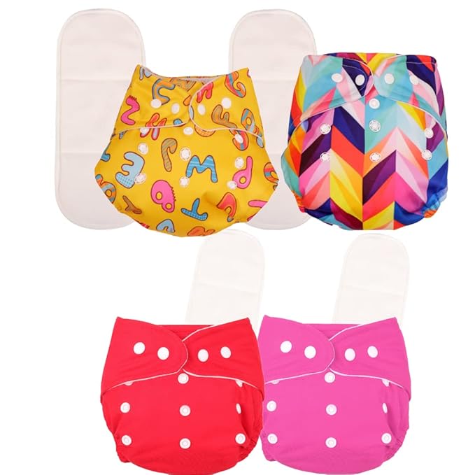 Unisex Oeko-Tex Certified Washable & Reusable Diapers With Adjustable Snap Buttons (One Size Perfect Fit), Comes With Absorbent Inserts/Pads- (3Months- 3Years)(Combo of 4)