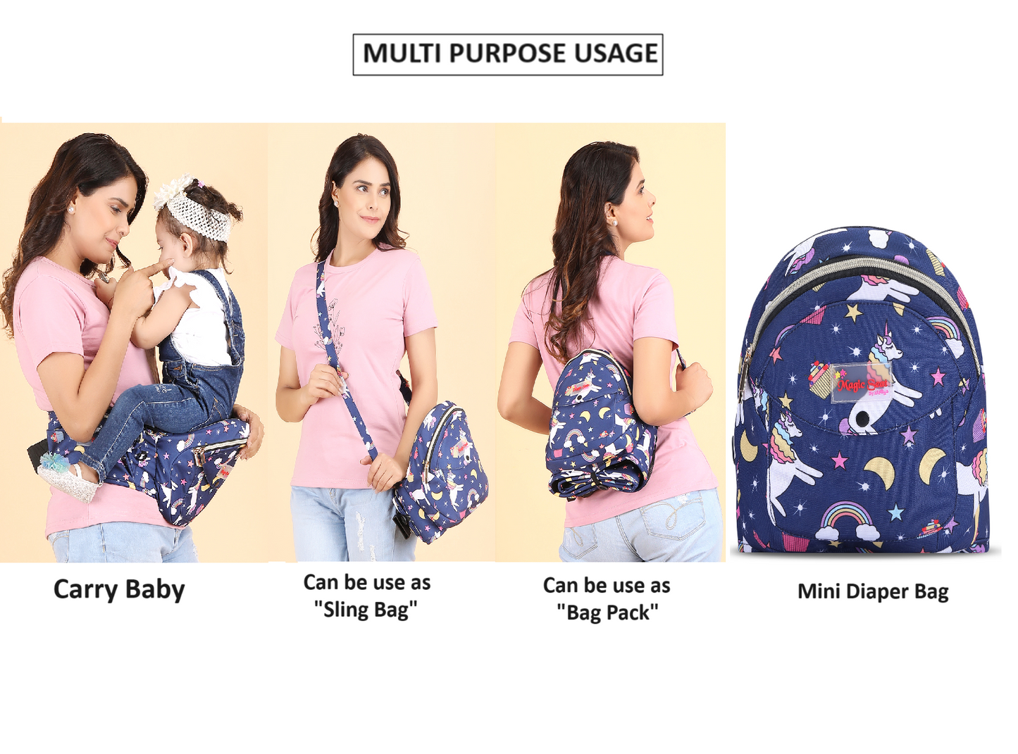 6-in-1 Baby Carrier with Hip Seat, in-Built Mini Diaper Bag & Bottle Holder, Convertible to Sling Carry Bag with Ergonomic Baby Side Carrier, for 5 Months to 36 Months or Upto 20 kgs